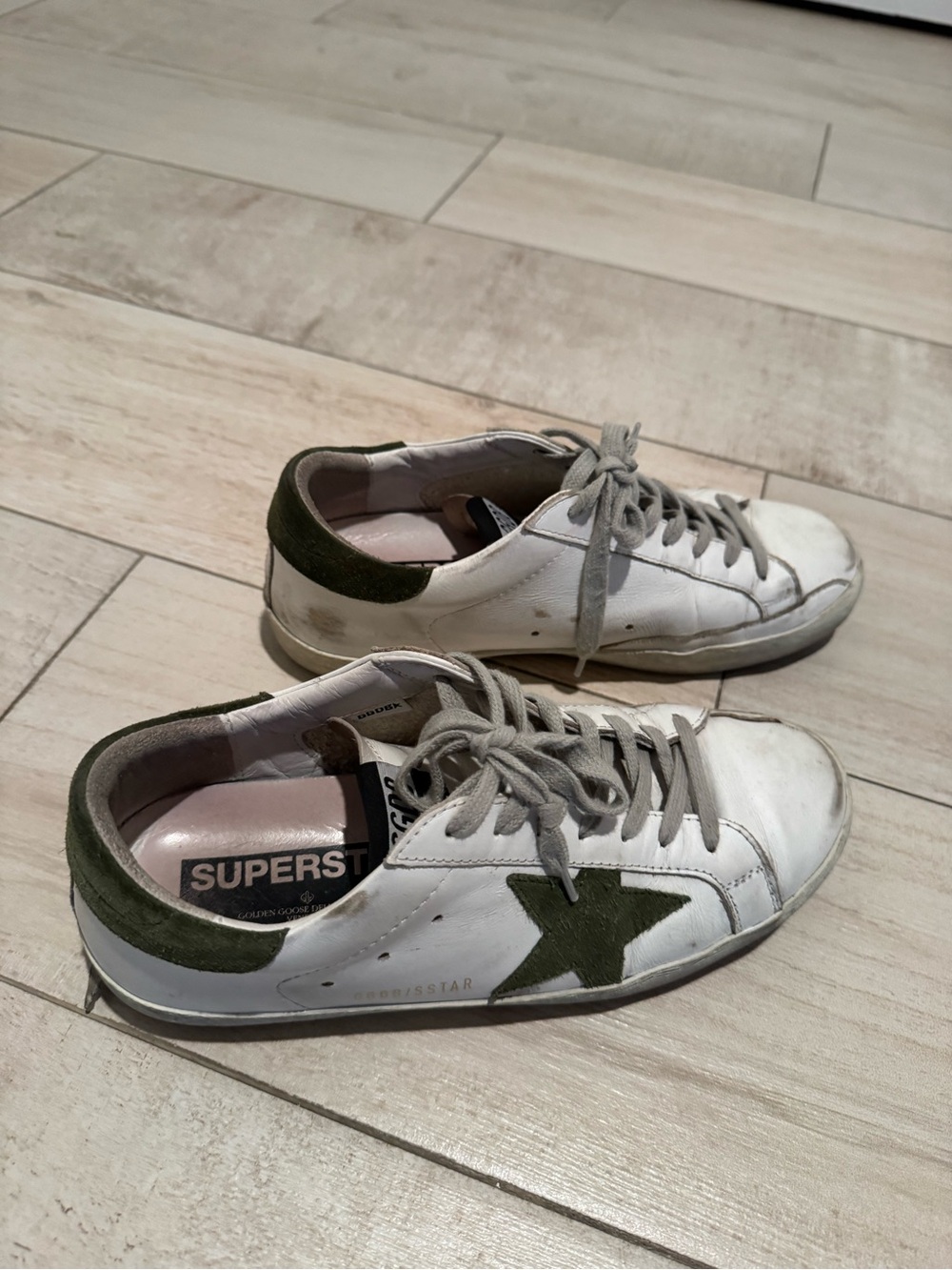 Golden Goose White Sneakers with Olive Green Star